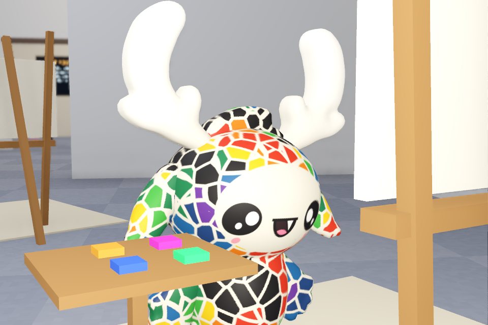 A mosaic-patterned villager at an art table
